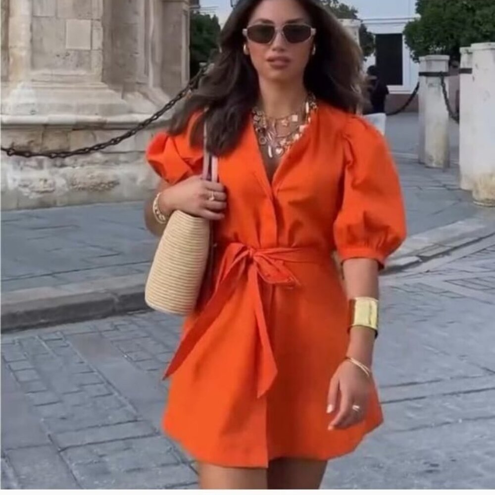 Zara ZW Collection Poplin Orange Puff Sleeve Button Front Mini Dress Size Med